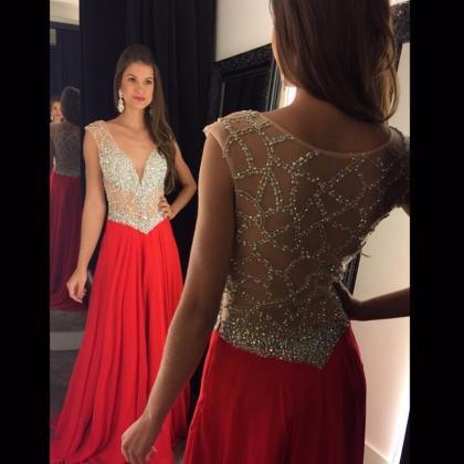 Red Prom Dress With Beaded Open Back