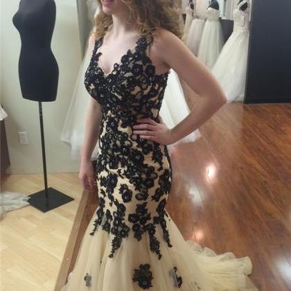 Beige Mermaid Prom Dress With Black Lace Formal..