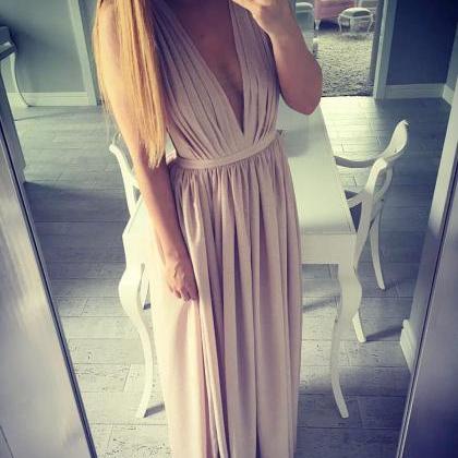 Pleated V Neck Maxi Dress With High Side Slit