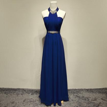 Royal Blue Strappy Halter Prom Dress With Beads