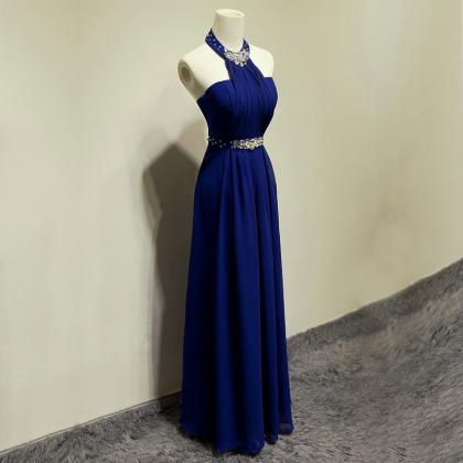 Royal Blue Strappy Halter Prom Dress With Beads