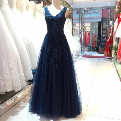 Sexy V Neck Navy Prom Dress With Lace And Beading