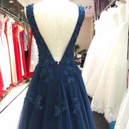 Sexy V Neck Navy Prom Dress With Lace And Beading
