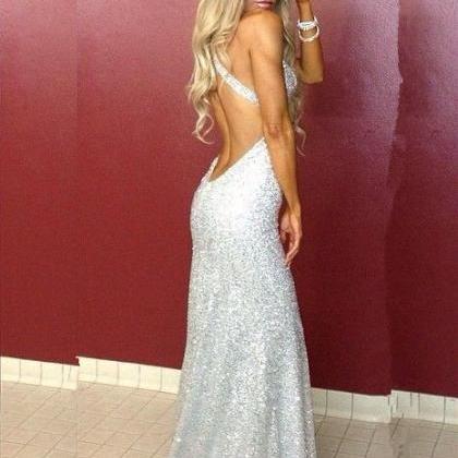 Backless Silver Sequined Prom Dress