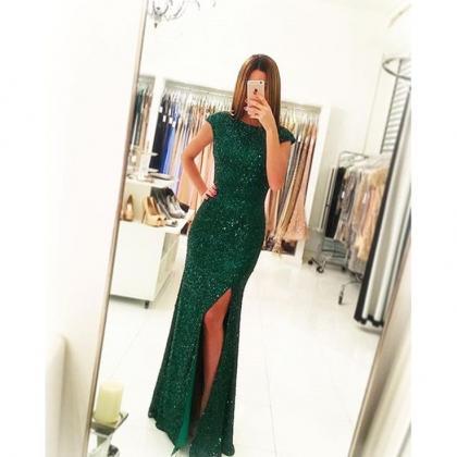 Emerald Green Sequined Open Back Prom Dress Wtih Cap Sleeves on Luulla
