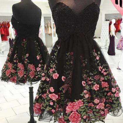 Black Short Homecoming Dress With Floral Skirt