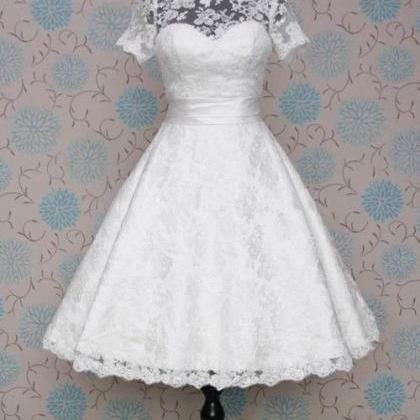 Modest Lace Tea Length Wedding Dress With Short..