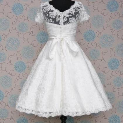 Modest Lace Tea Length Wedding Dress With Short..