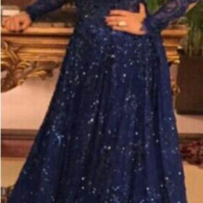 Long Sleeves Navy Glitter Lace Formal Occasion..