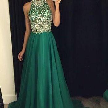 Jeweled Emerald Green Chiffon Prom Dress With..