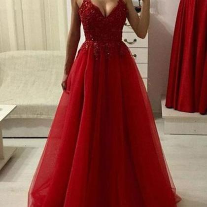 Spaghetti Straps V Neck Long Red Prom Dress