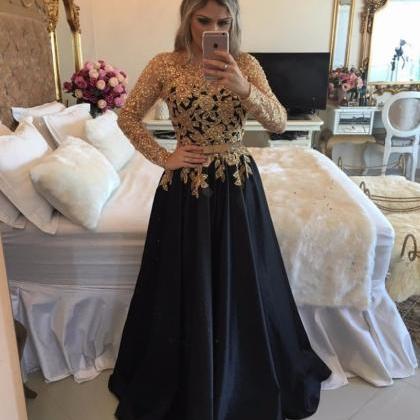 Long Sleeves Black Prom Dress With Gold Beaded..