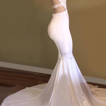 Sexy Open Back White Jersy Prom Dress With High..