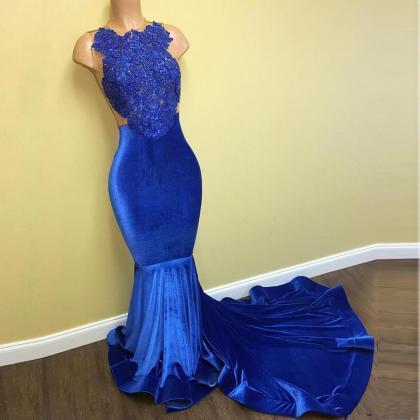 Royal Blue Velvet Mermaid Prom Dress With Illusion..