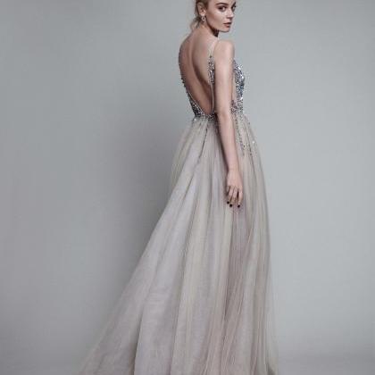 Floor Length V Neck Beaded Prom Dress With Side..