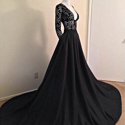 Sheer Lace Bodice Black Prom Dress With Long..