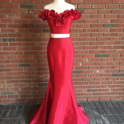 Two Piece Floral Printed Mermaid Satin Tulle Prom Dresses LBQ2981