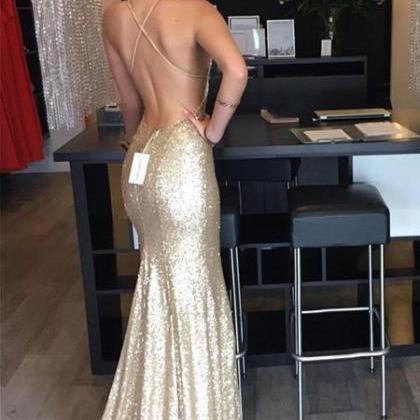 Sexy Champagne Gold Sequin Prom Dress