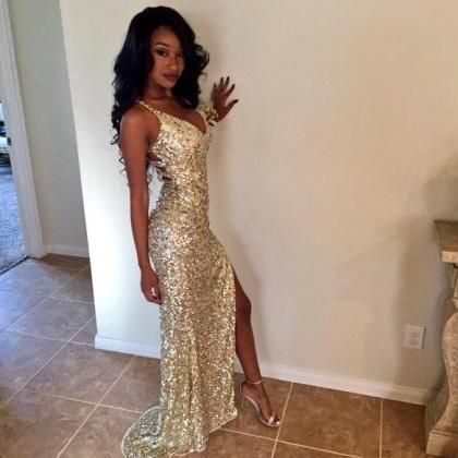 Prom Dress V Neck Champagne Gold Sequin Dress With..