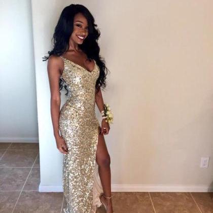 Prom Dress V Neck Champagne Gold Sequin Dress With..