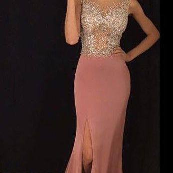Jeweled Illusion Bodice Long Jersy Prom Dress With..