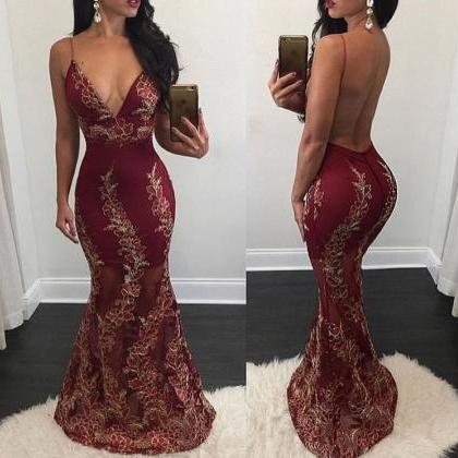 V Neck Mermaid Prom Dress With Gold Appliques