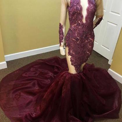 Long Sleeve Maroon Organza Mermaid Prom Dress With..