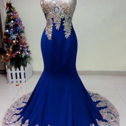 Illusion V Neck Royal Blue Prom Dress With Silver Appliques on Luulla