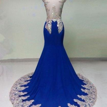 Illusion V Neck Royal Blue Prom Dress With Silver..