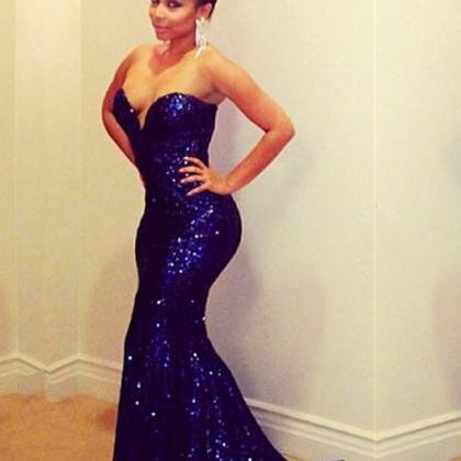 Dark Royal Blue Sequin Prom Dress With Corset Back