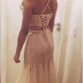 Champagne Beaded 2 Pieces Prom Dress With Tulle..