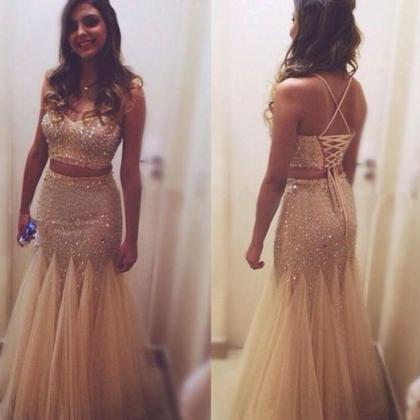 Champagne Beaded 2 Pieces Prom Dress With Tulle..