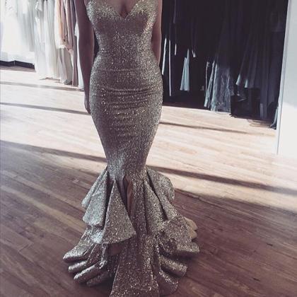 Sleeveless Silver Sequin Mermaid Prom Dress With..