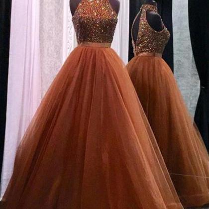 High Collar Beaded Prom Dres With Keyhole Back