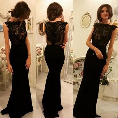 Black Evening Dress with Sheer Lace Bodice Fitted Prom Dress