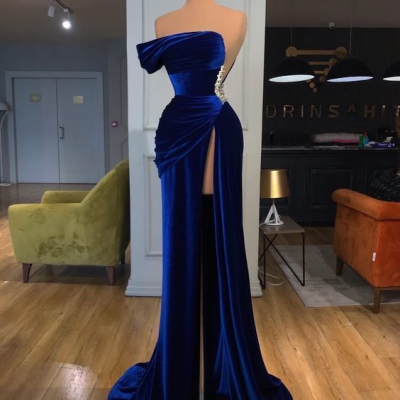 One Shoulder Royal Blue Velvet Evening Dress with Slit