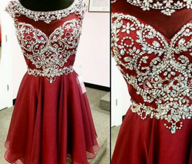Off Shoulder Burgundy Short Graduation Dresses, Homecoming Dress With Beading OM446
