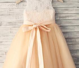 Sweet Champagne A-line Long Flower Girl Dresses, Cute Little Girl Dresses, FG102