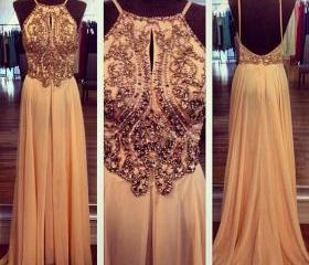 Beaded Illusion Spaghetti Straps Flowei A-line Chiffon Prom Dress