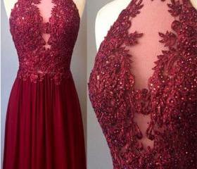 Glamorous High Neck Burgundy Prom Dress with Keyhole Detail in Velvet main image 1