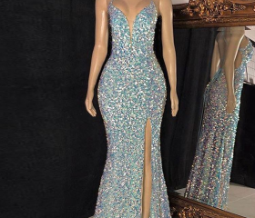 Backless Sequin Prom Dress With Spaghetti Tie Strap on Luulla
