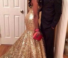 Champagne Gold Sweetheart Mermaid Shiny Long Evening Dress, DP3768 main image 1