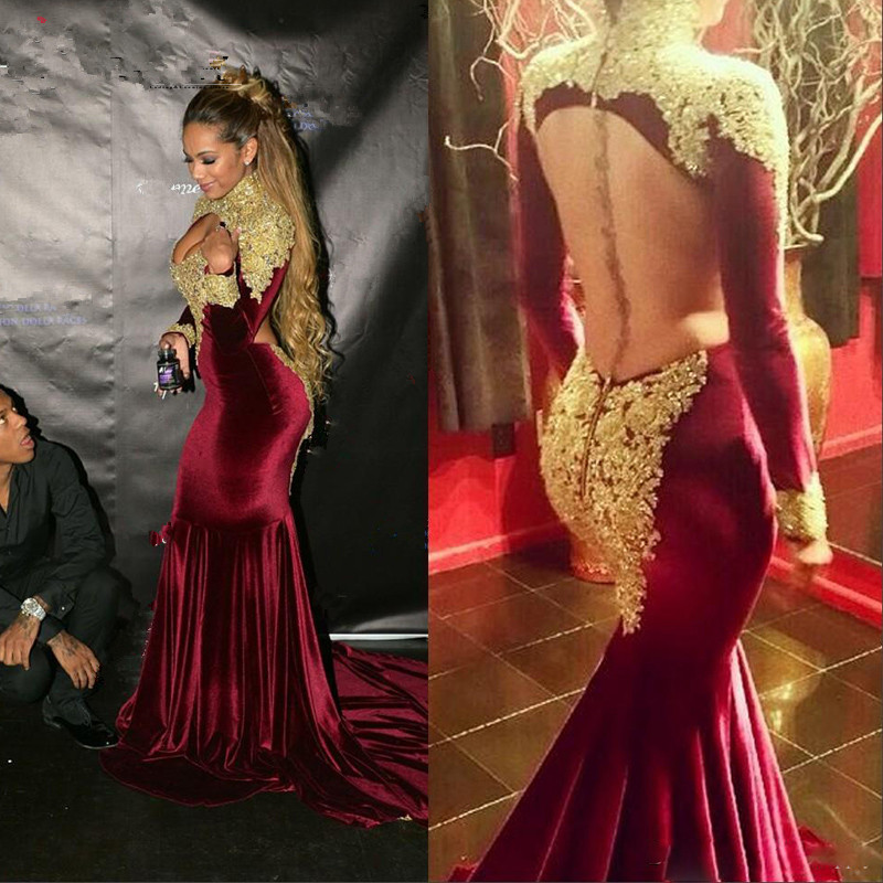 Long Sleeves High Neck Velvet Prom Dress With Gold Appliques