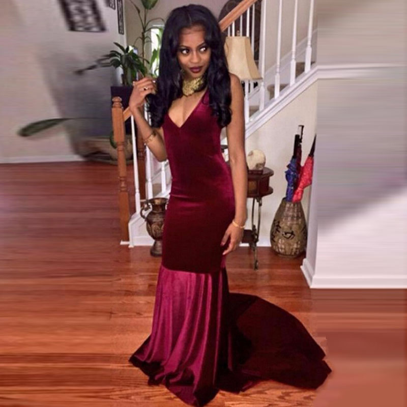maroon velvet prom dress