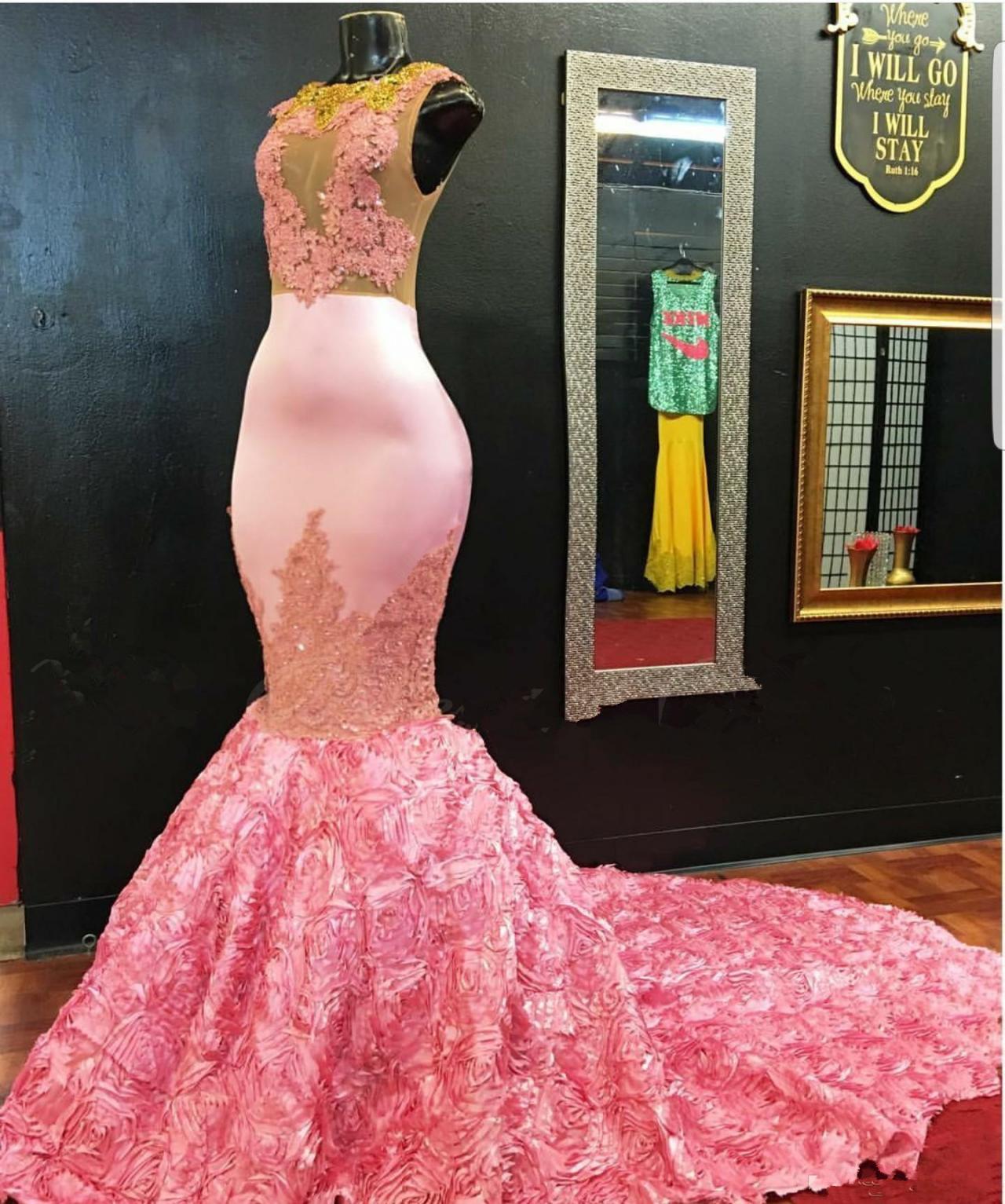 Pink Mermaid Prom Dress With 3d Floral Skirt