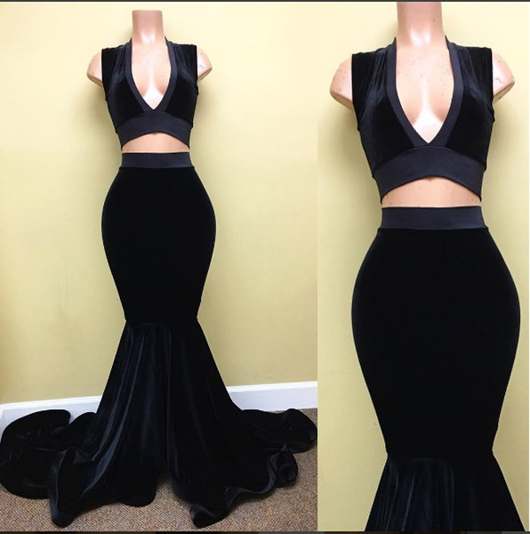 Custom Made Black Two-piece Velvet Plunging V- Neckline Long Evening Dress, Prom Dresses, Evening Party Dresses, Formal Gowns