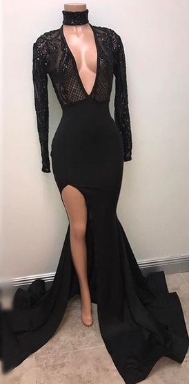 Black Prom Dress Plunging Neck Long Sleeves Graduation Party Dress With Side Split
