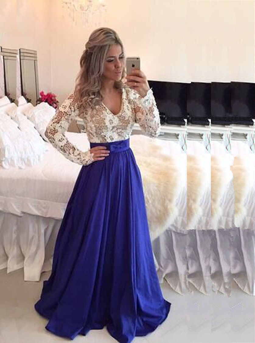 Prom Dress Long Sleeves Lace Bodice Royal Blue Skirt Formal Occasion Dress