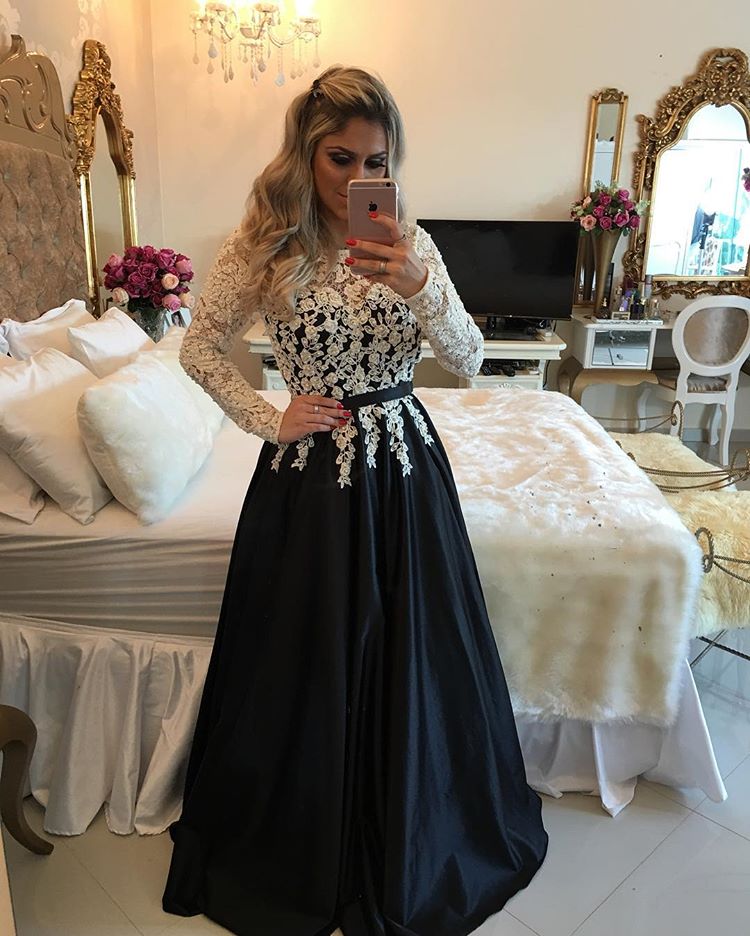 Prom Dress Long Sleeves Black Formal Occasion Dress With Ivory Lace