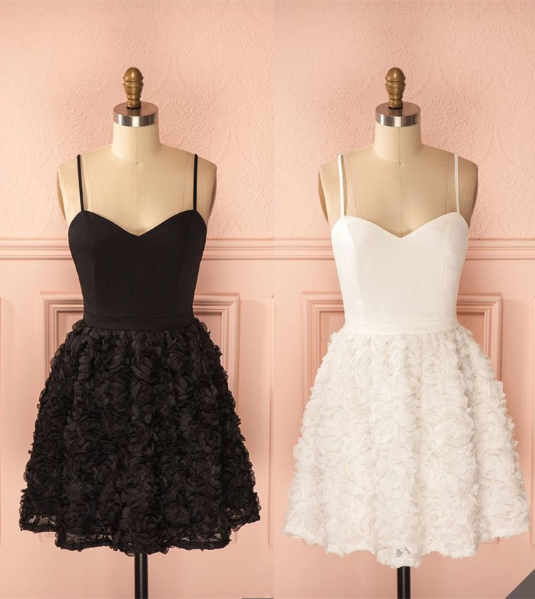 Little White/black Dress With 3d Rose Floral Skirt, Mini Dress, Party Dress, Graduation Dress, Homecoming Dress